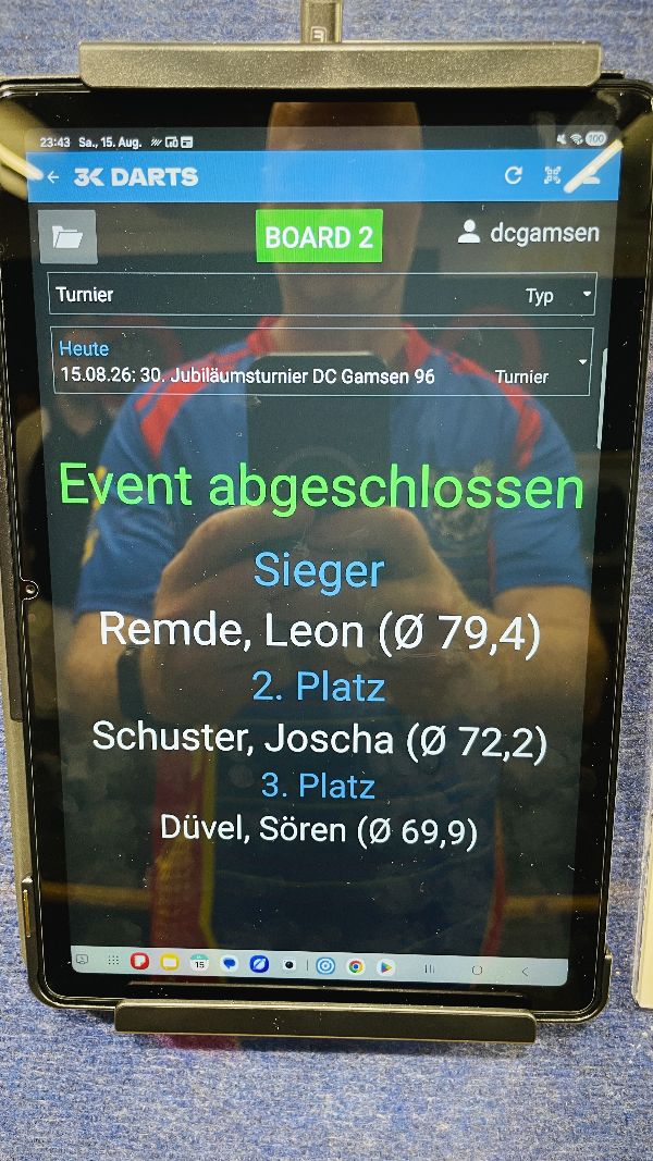 Tablet mit dem Endstand des Turniers und den drei Platzierten